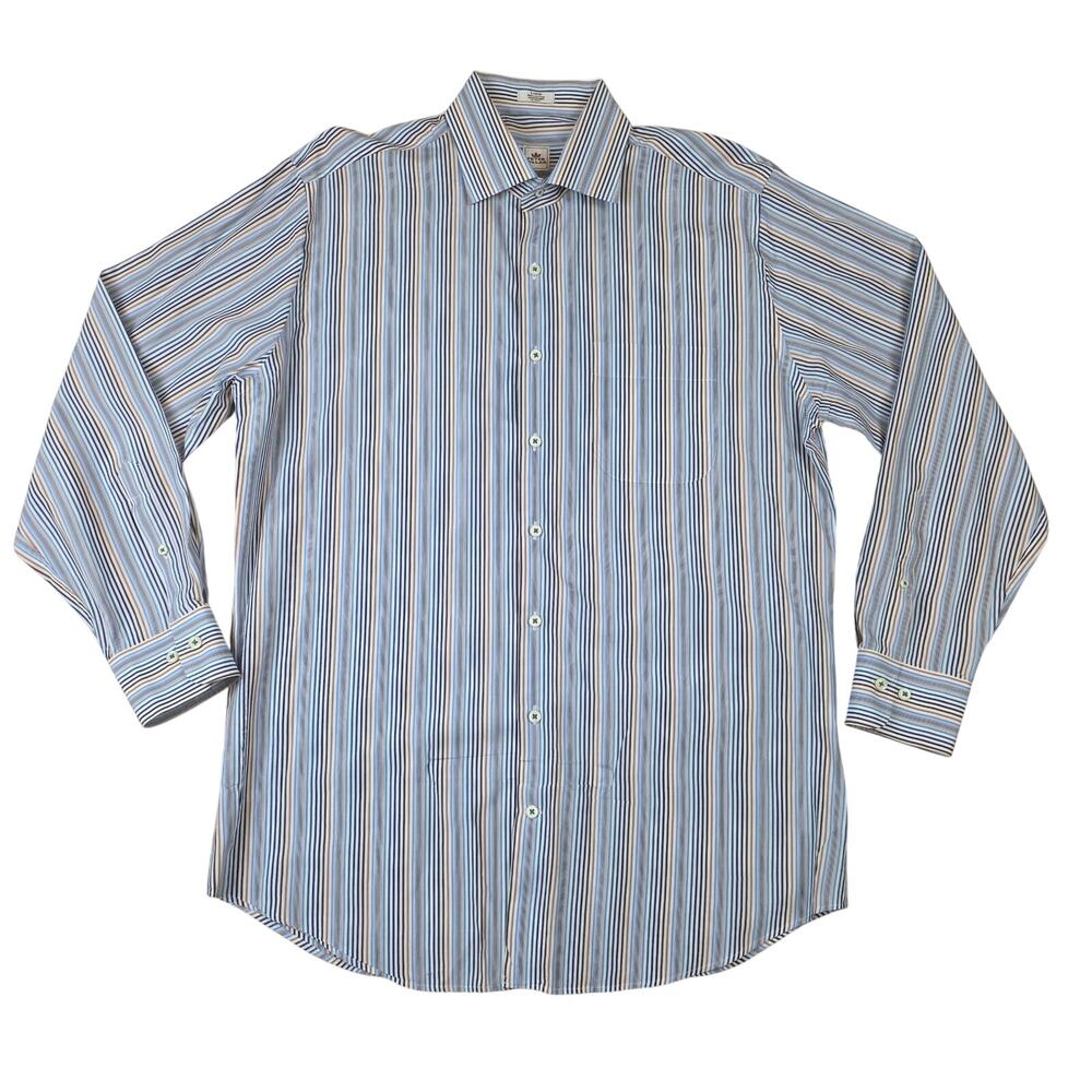 Peter Millar Dress Shirt Mens Large L Blue Brown Khaki Stripe Cotton Button Up